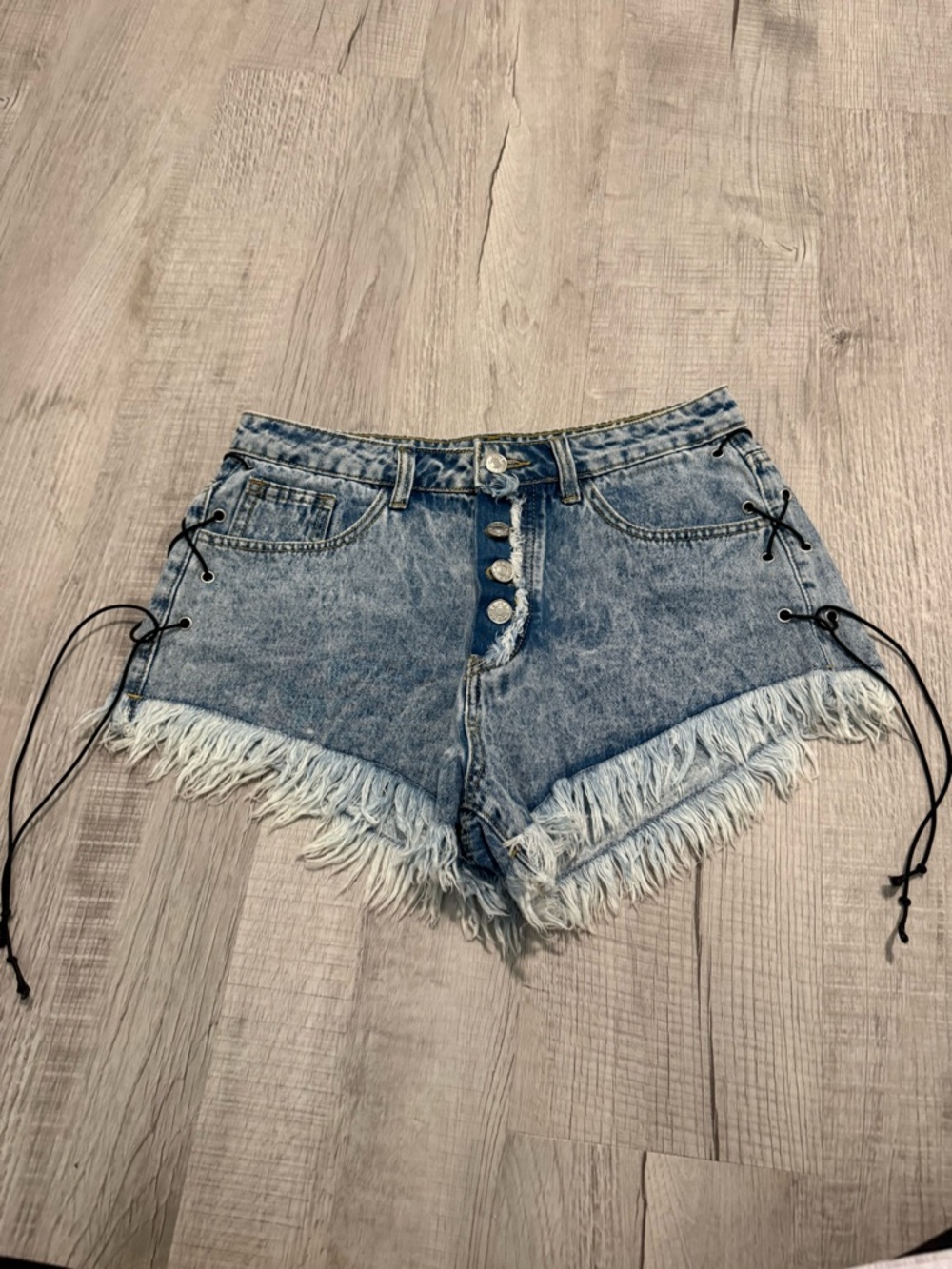 Light Blue Distressed Lace-Up Denim Shorts